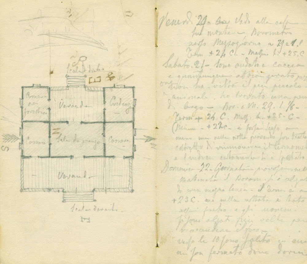 Schizzo della casa sul Monte Mattang. Disegno originale di Odoardo Beccari. Taccuino no. 5 (inedito). 1865-1867. Biblioteca di Scienze (Botanica) dell’Università di Firenze.