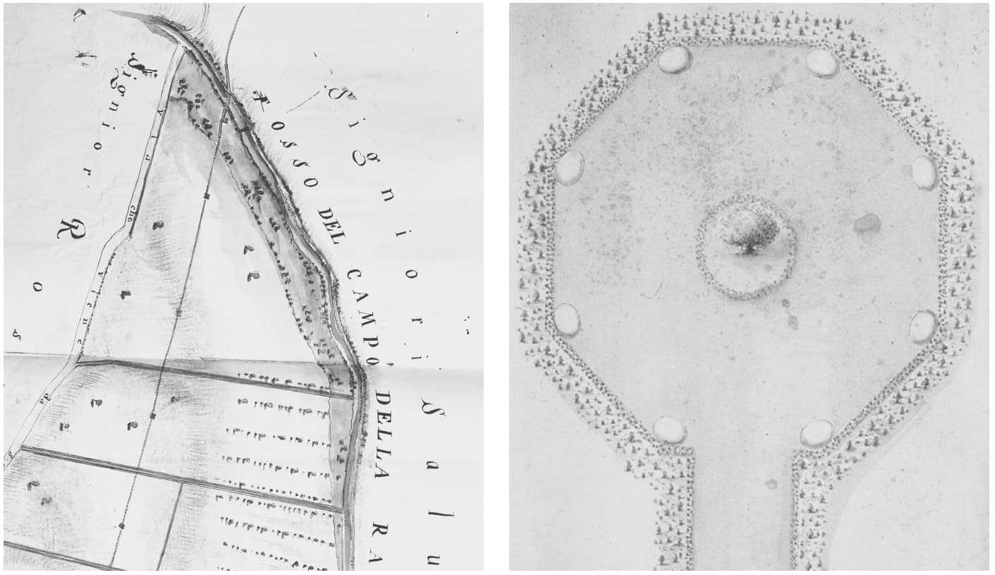 Immagini da sinistra a destra: (1) AMQ, Atti, contratti e Altri Documenti, 14, Fascicolo 19, Rappresentazione del Condotto dell’acqua dalla sorgente delle Lepricine verso il giardino di Villa La Quiete / (2) Progetto della Sala Ottagonale per la Ragnaia di Villa La Quiete, 1724 circa, Villa La Quiete.